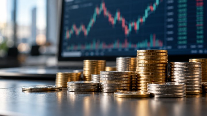 Stacks of gold and silver coins in front of a market chart