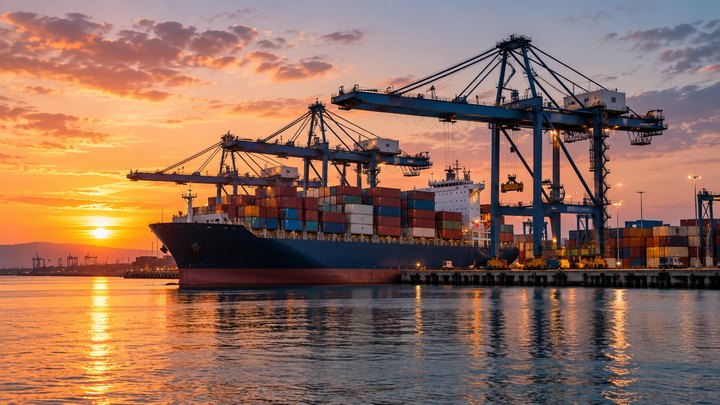 Container ship and port cranes at sunset