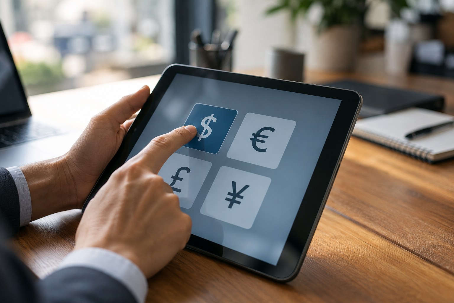 Hand selecting currency symbols on a tablet