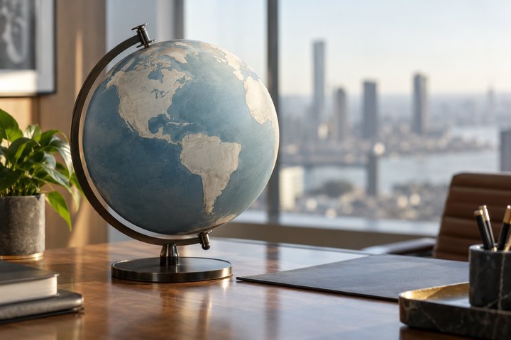 Desktop globe in an office overlooking the city