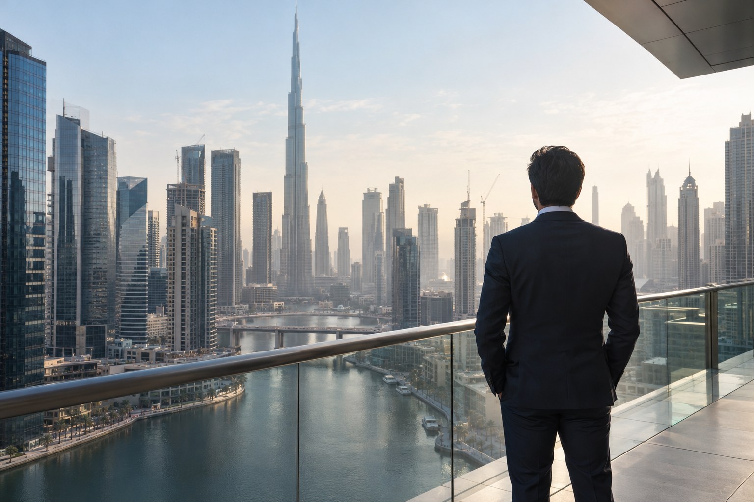 Businessman overlooking the Dubai canal and skyline