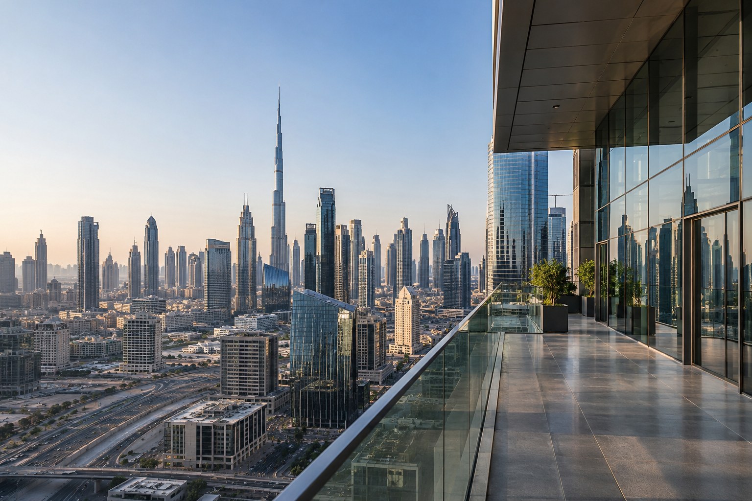 Dubai skyline seen from a glass terrace