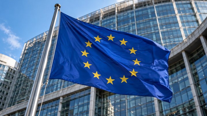 European Union flag in front of glass buildings