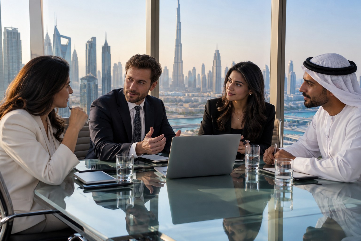 Finance team meeting in an office above the Dubai skyline