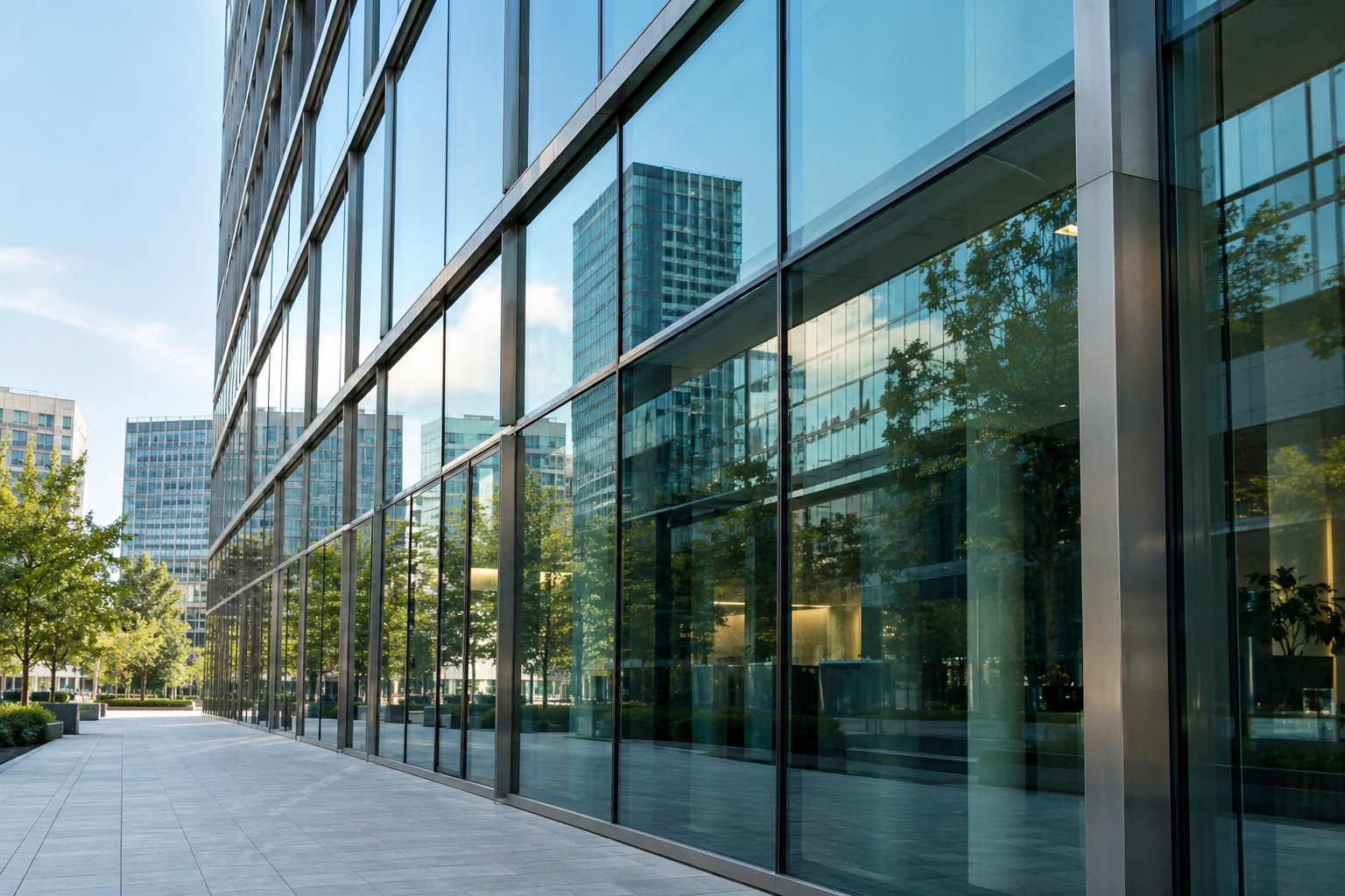 Reflective glass facade of a modern office building