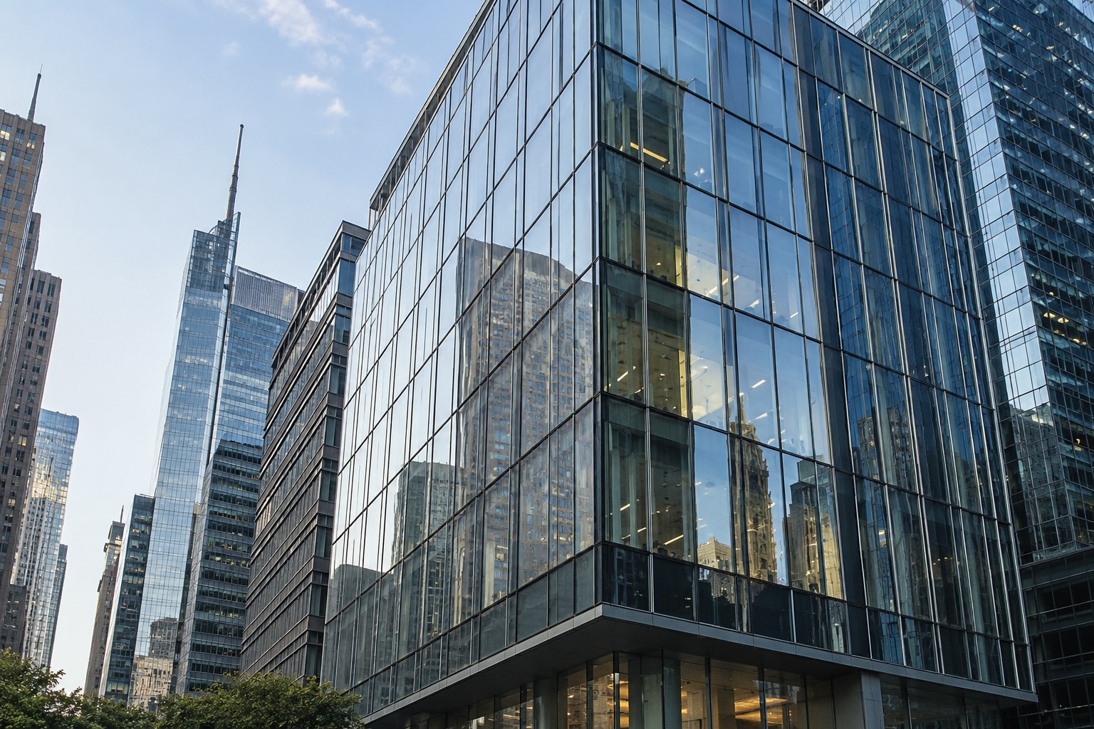 Glass office tower in a financial district