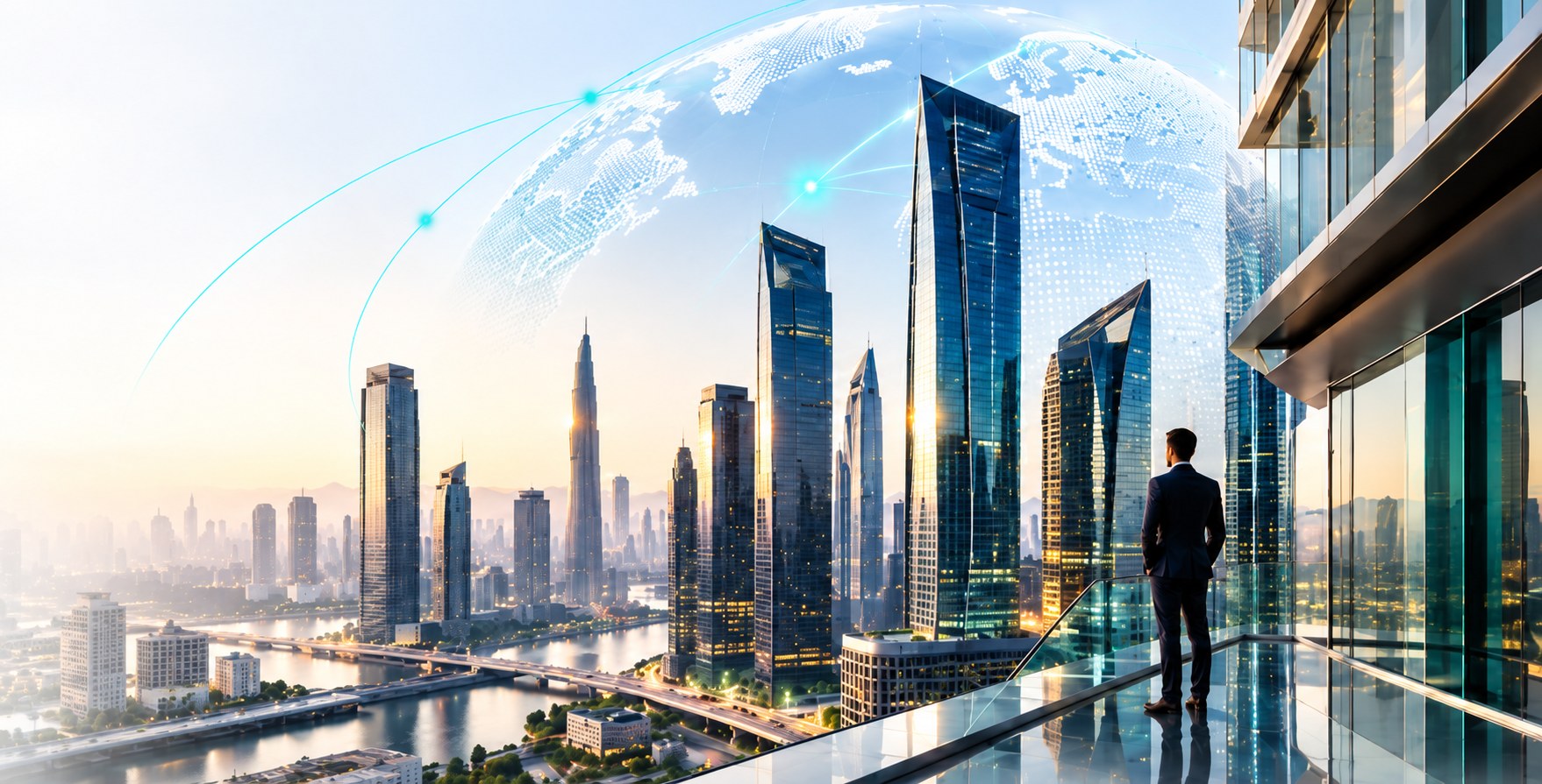 Business professional on a glass balcony overlooking a modern city skyline