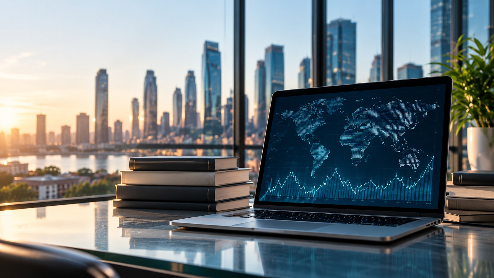 Laptop showing a world map by a skyline window