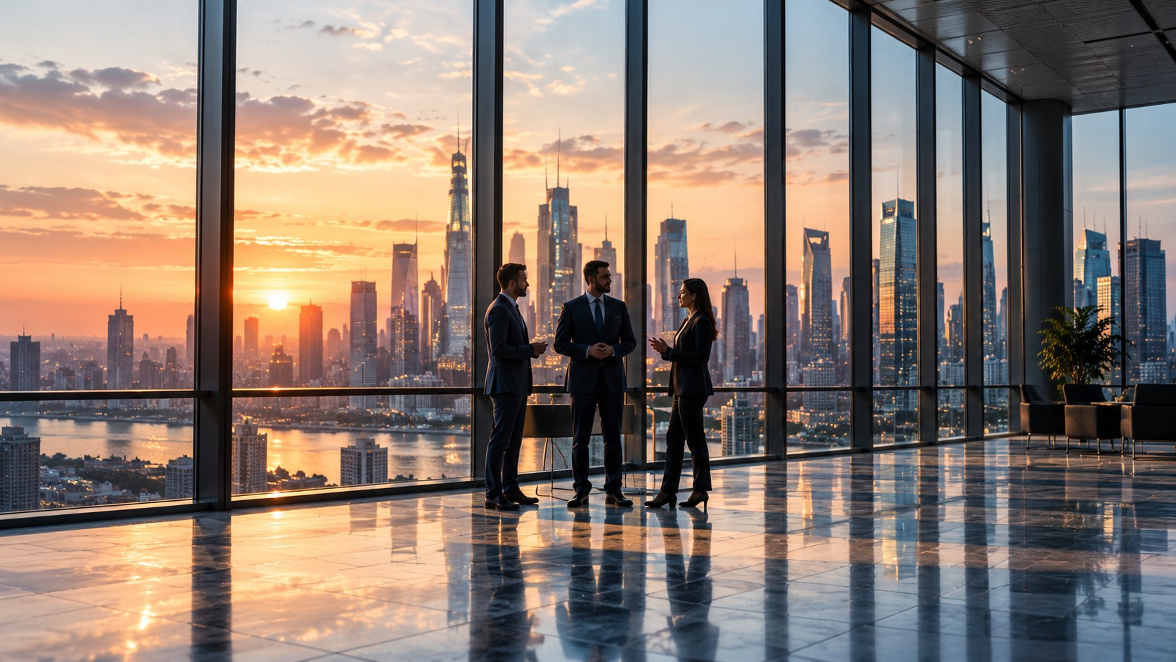 Business people talking in a glass office lobby at sunset