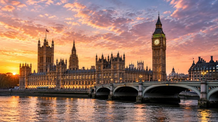 Big Ben and Westminster Bridge in London at sunset