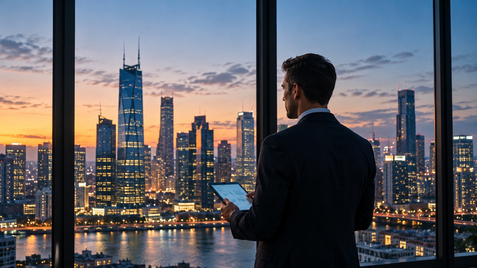Financial professional with a tablet overlooking the city