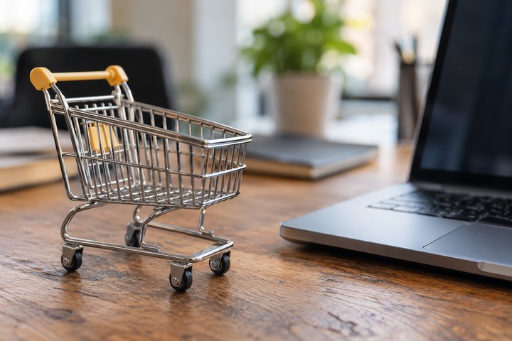 Miniature shopping cart beside a laptop
