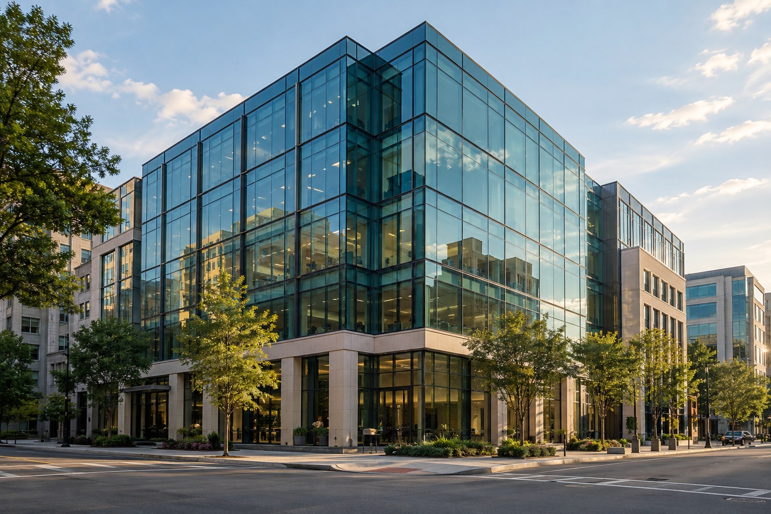 Modern teal glass office building