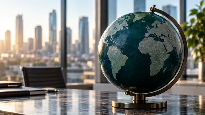Dark teal desktop globe in an office