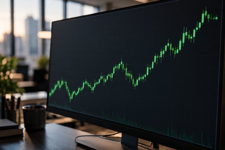 Trading monitor showing a rising candlestick chart