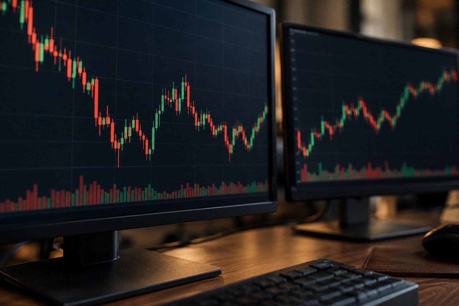 Twin trading monitors with candlestick charts